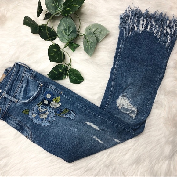 Zara Floral Tore Hem Jeans Size 4 - Picture 4 of 5